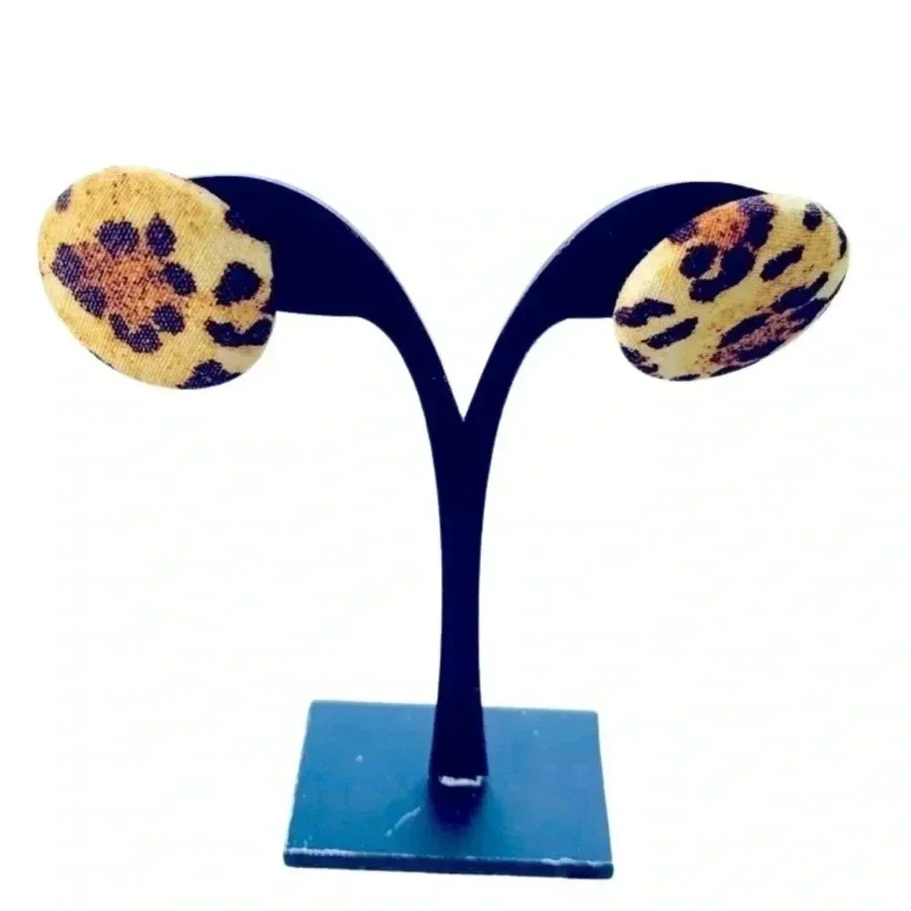 Handmade  Beige & Brown Leopard Print  Small Button Earrings